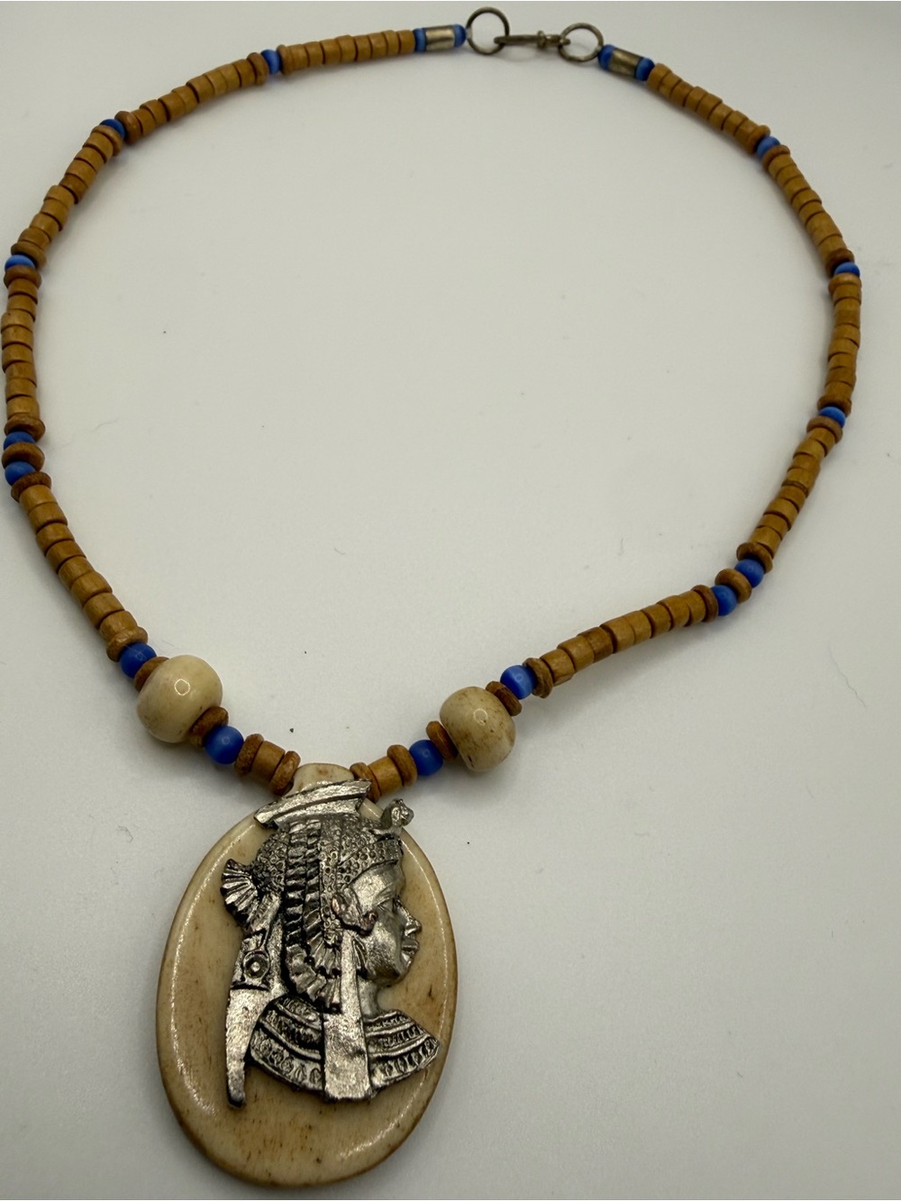 Beaded Ivory and Blue Egyptian Pendant Necklace - Women Jewelry